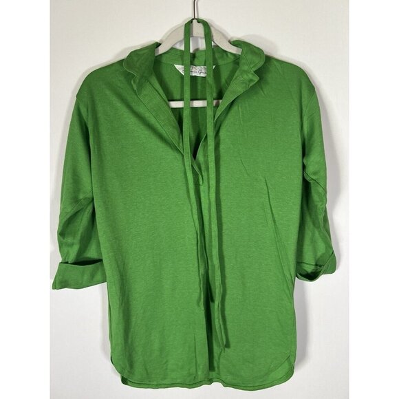 Vintage 90s Herman Geist luxury green open neck polo 3/4 slv with tie preppy S - Picture 3 of 8